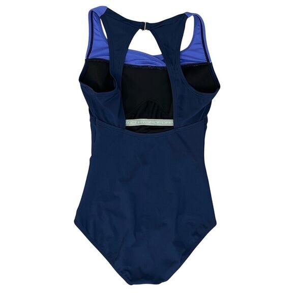 Speedo High Neck Piped One Piece Swimsuit Women’s Sz 8 Black & Blue - Picture 2 of 8